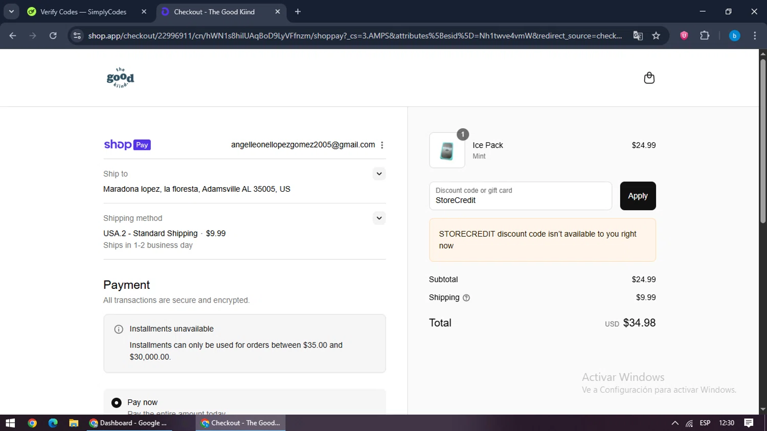 The Good Kiind promo code screenshot showing code StoreCredit applied at The Good Kiind checkout page. Uploaded by SimplyCodes community member bilijr on Aug 16, 2025