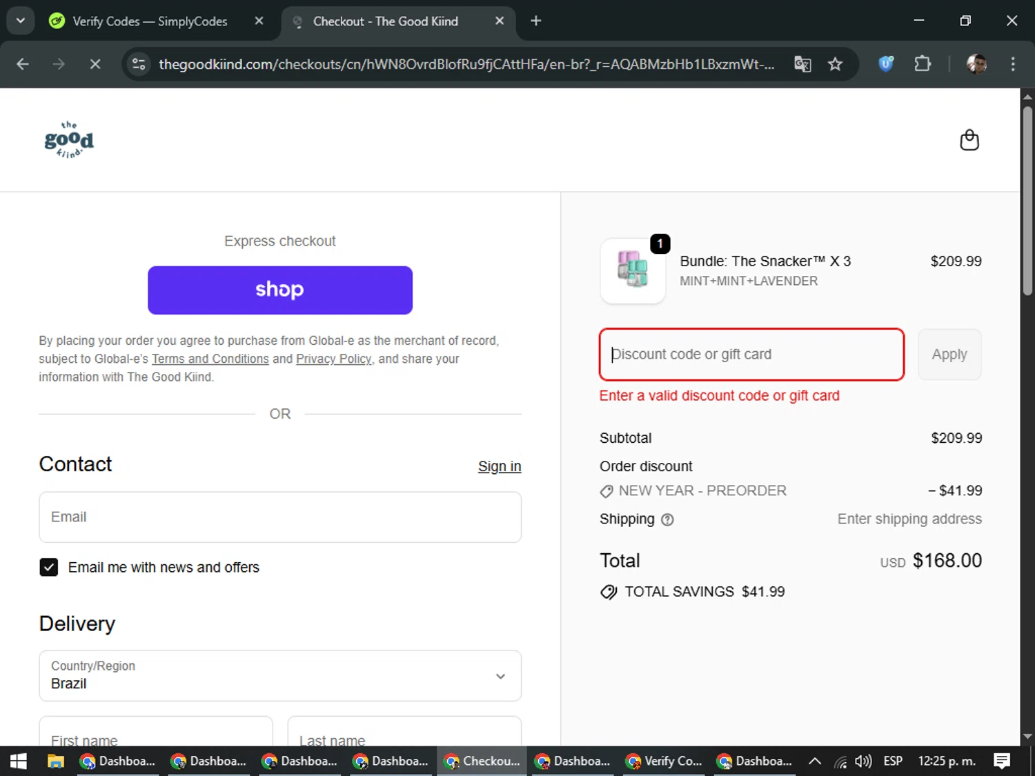 The Good Kiind promo code screenshot showing code PREORDER applied at The Good Kiind checkout page. Uploaded by SimplyCodes community member DiscountSeeker682 on Feb 4, 2026