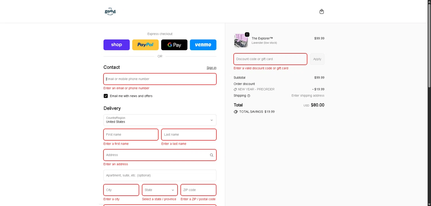 The Good Kiind promo code screenshot showing code PREORDER applied at The Good Kiind checkout page. Uploaded by SimplyCodes community member VictoriousFinder4393 on Feb 4, 2026