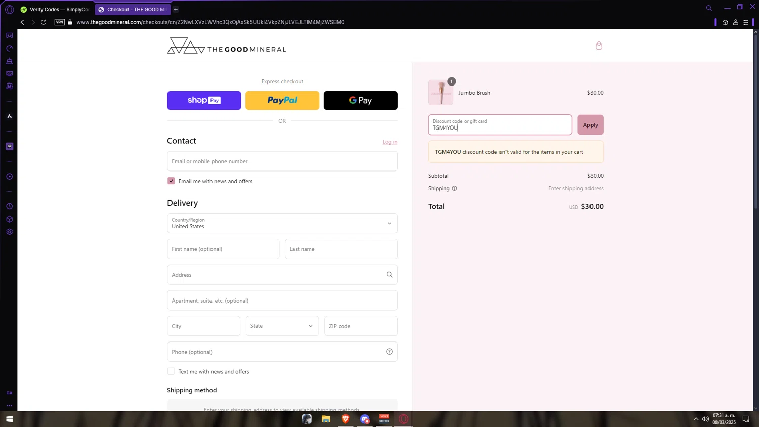 THE GOOD MINERAL promo code screenshot showing code TGM4YOU applied at THE GOOD MINERAL checkout page. Uploaded by SimplyCodes community member Anzeer on Mar 8, 2025