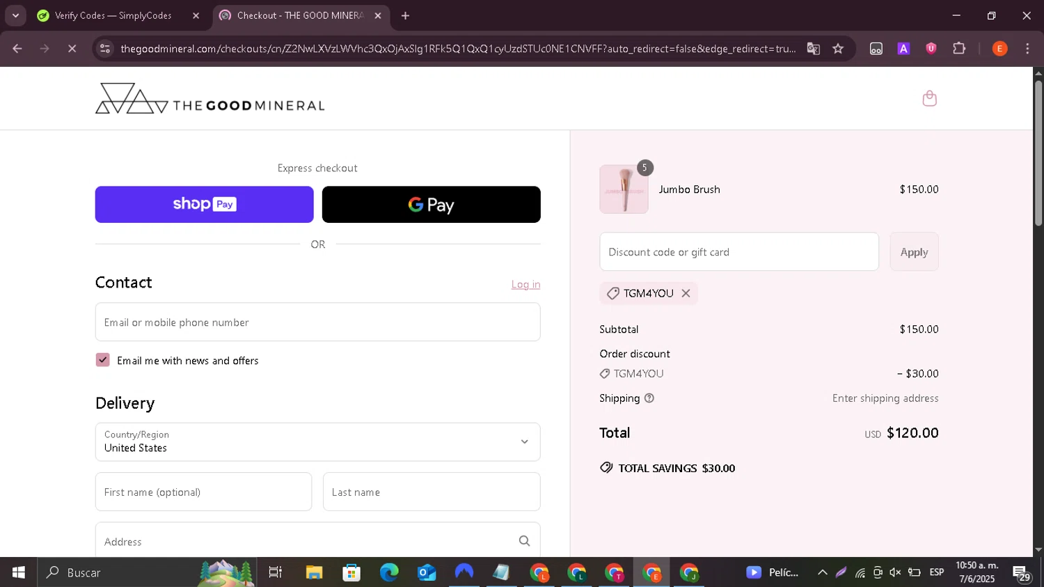 THE GOOD MINERAL promo code screenshot showing code TGM4YOU applied at THE GOOD MINERAL checkout page. Uploaded by SimplyCodes community member BrilliantSage8401 on Jun 7, 2025