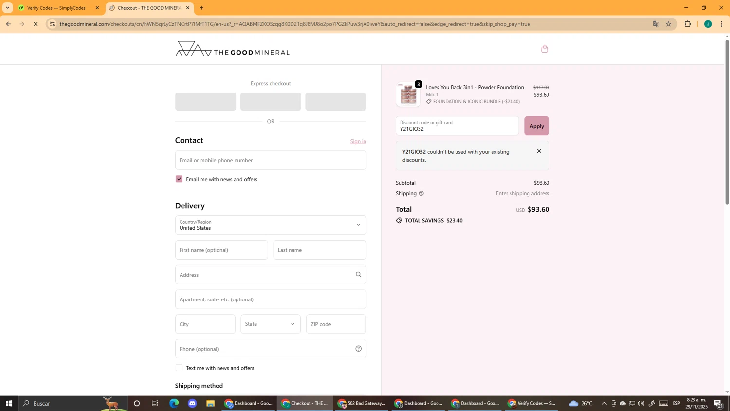 THE GOOD MINERAL promo code screenshot showing code Y21GIO32 applied at THE GOOD MINERAL checkout page. Uploaded by SimplyCodes community member DealScout5970 on Nov 29, 2025