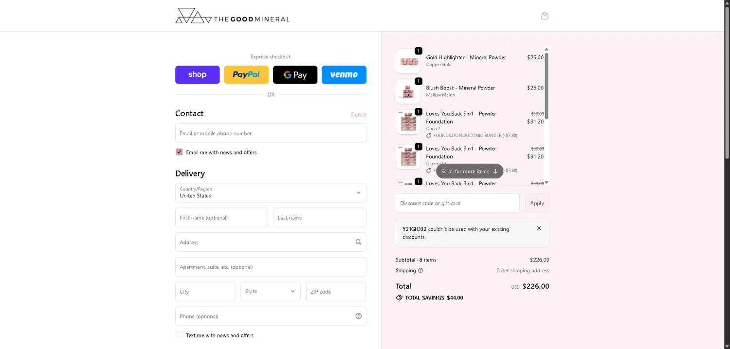 THE GOOD MINERAL promo code screenshot showing code Y21GIO32 applied at THE GOOD MINERAL checkout page. Uploaded by SimplyCodes community member PromoElite4745 on Dec 28, 2025