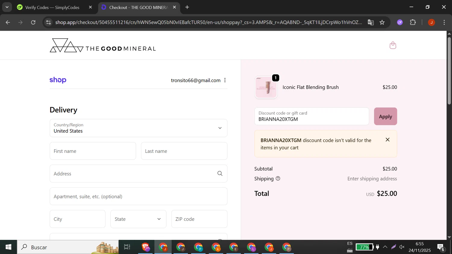 THE GOOD MINERAL promo code screenshot showing code BRIANNA20XTGM applied at THE GOOD MINERAL checkout page. Uploaded by SimplyCodes community member DORIANGEL on Nov 24, 2025