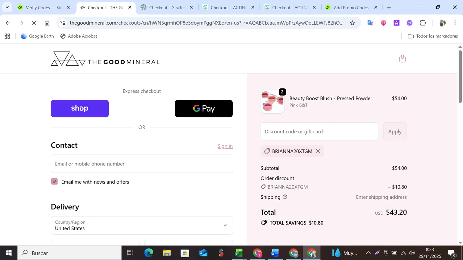 THE GOOD MINERAL promo code screenshot showing code BRIANNA20XTGM applied at THE GOOD MINERAL checkout page. Uploaded by SimplyCodes community member NobleMonarch5837 on Nov 29, 2025