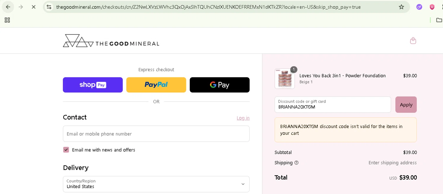 THE GOOD MINERAL promo code screenshot showing code BRIANNA20XTGM applied at THE GOOD MINERAL checkout page. Uploaded by SimplyCodes community member NobleSentinel8535 on Jun 15, 2025