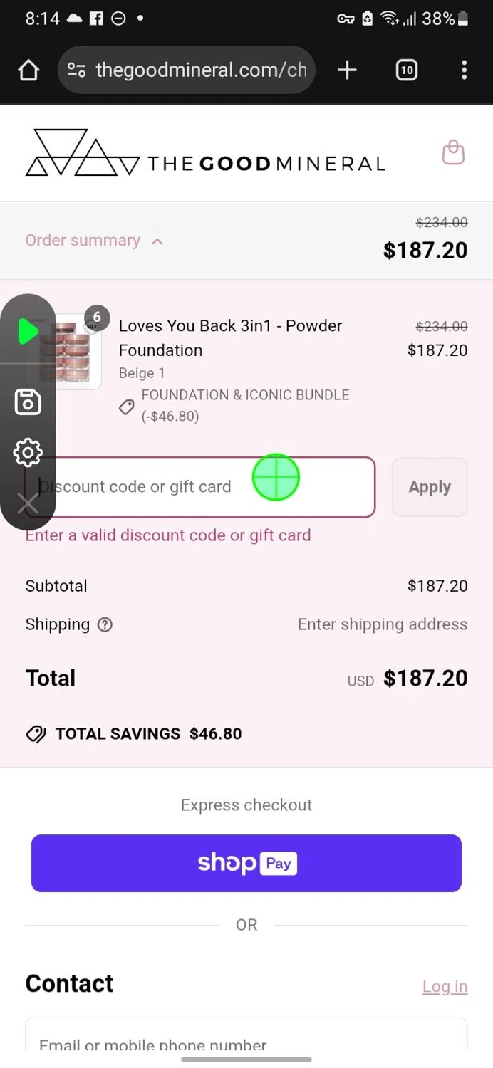 THE GOOD MINERAL promo code screenshot showing code MOM33 applied at THE GOOD MINERAL checkout page. Uploaded by SimplyCodes community member miguelcrast on Jun 5, 2025