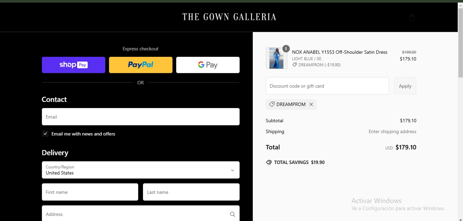 The Gown Galleria promo code screenshot showing code DREAMPROM applied at The Gown Galleria checkout page. Uploaded by SimplyCodes community member WiseSage2777 on Feb 12, 2025