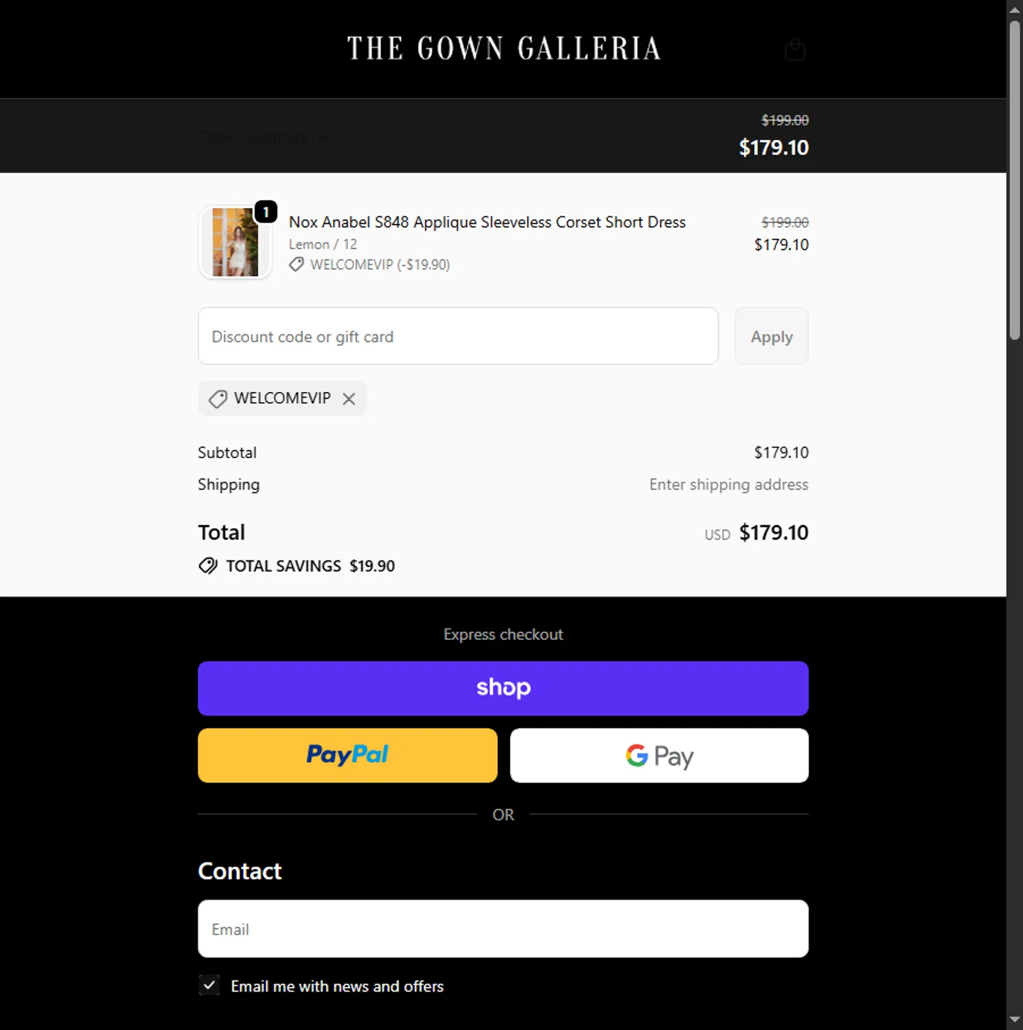 The Gown Galleria promo code screenshot showing code WELCOMEVIP applied at The Gown Galleria checkout page. Uploaded by SimplyCodes community member Alejandra10 on Oct 10, 2025