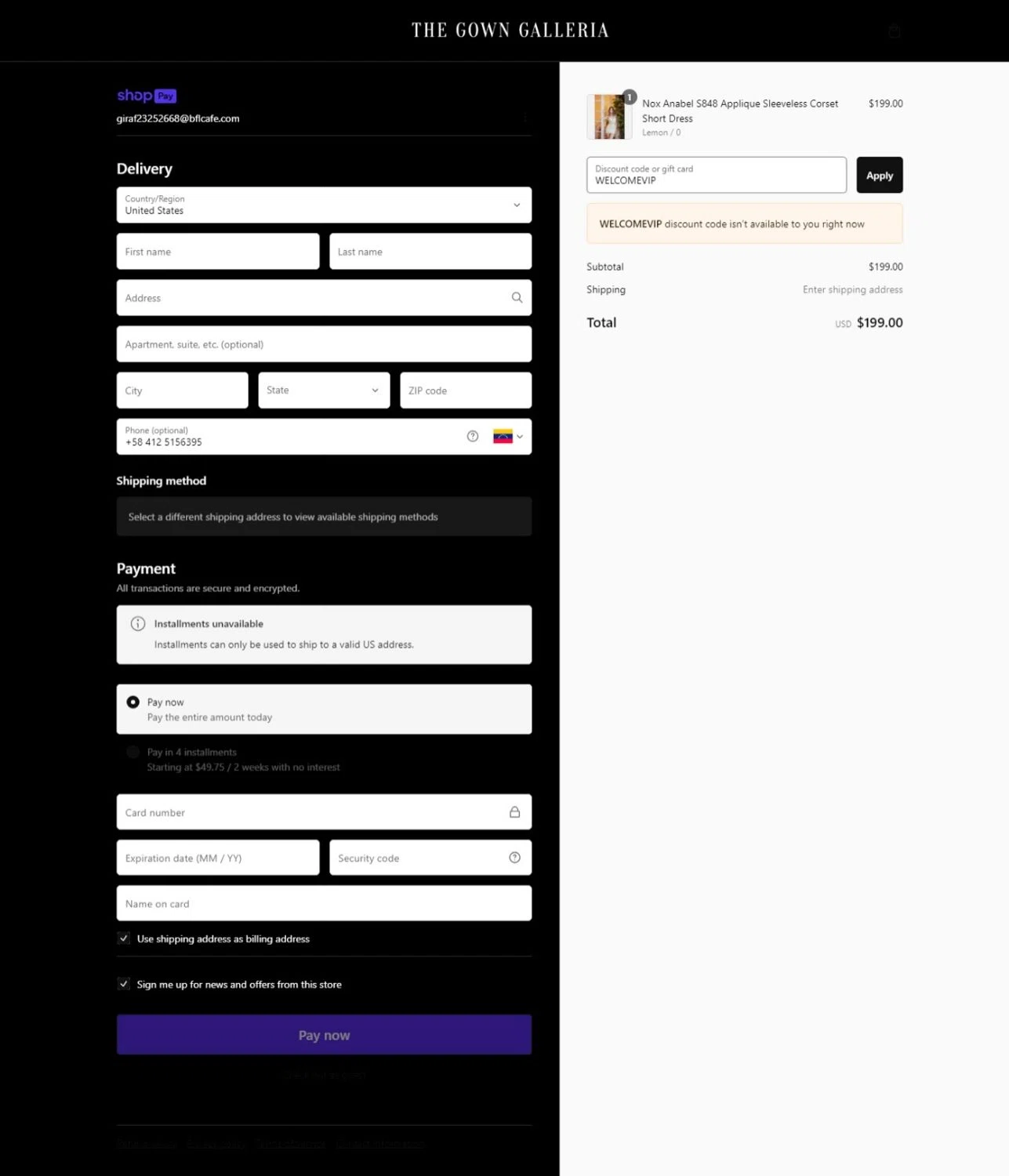 The Gown Galleria promo code screenshot showing code WELCOMEVIP applied at The Gown Galleria checkout page. Uploaded by SimplyCodes community member Tragedy on Feb 15, 2025