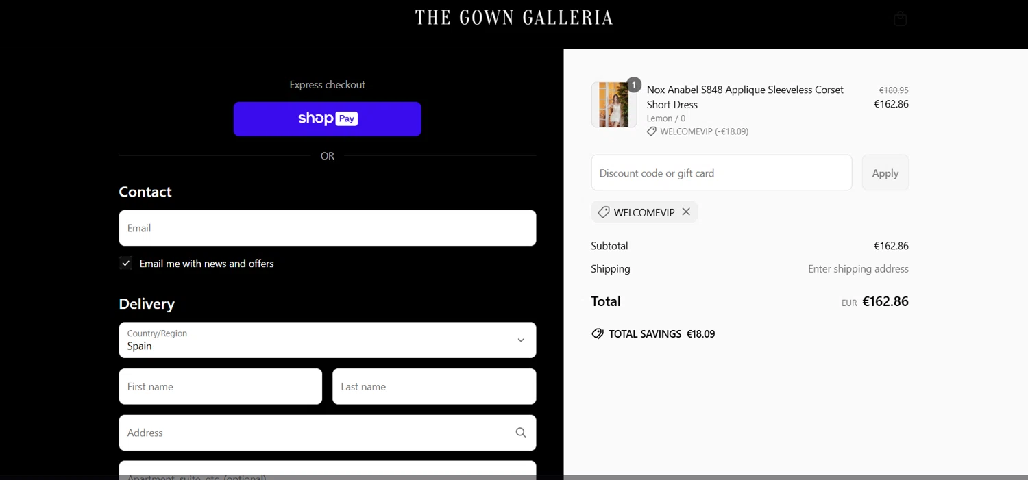 The Gown Galleria promo code screenshot showing code WELCOMEVIP applied at The Gown Galleria checkout page. Uploaded by SimplyCodes community member PromoPioneer5927 on May 8, 2025