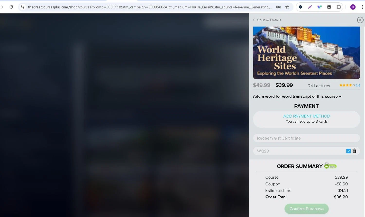 The Great Courses promo code screenshot showing code WQ98 applied at The Great Courses checkout page. Uploaded by SimplyCodes community member LAMINEJAMAL on Jan 10, 2026