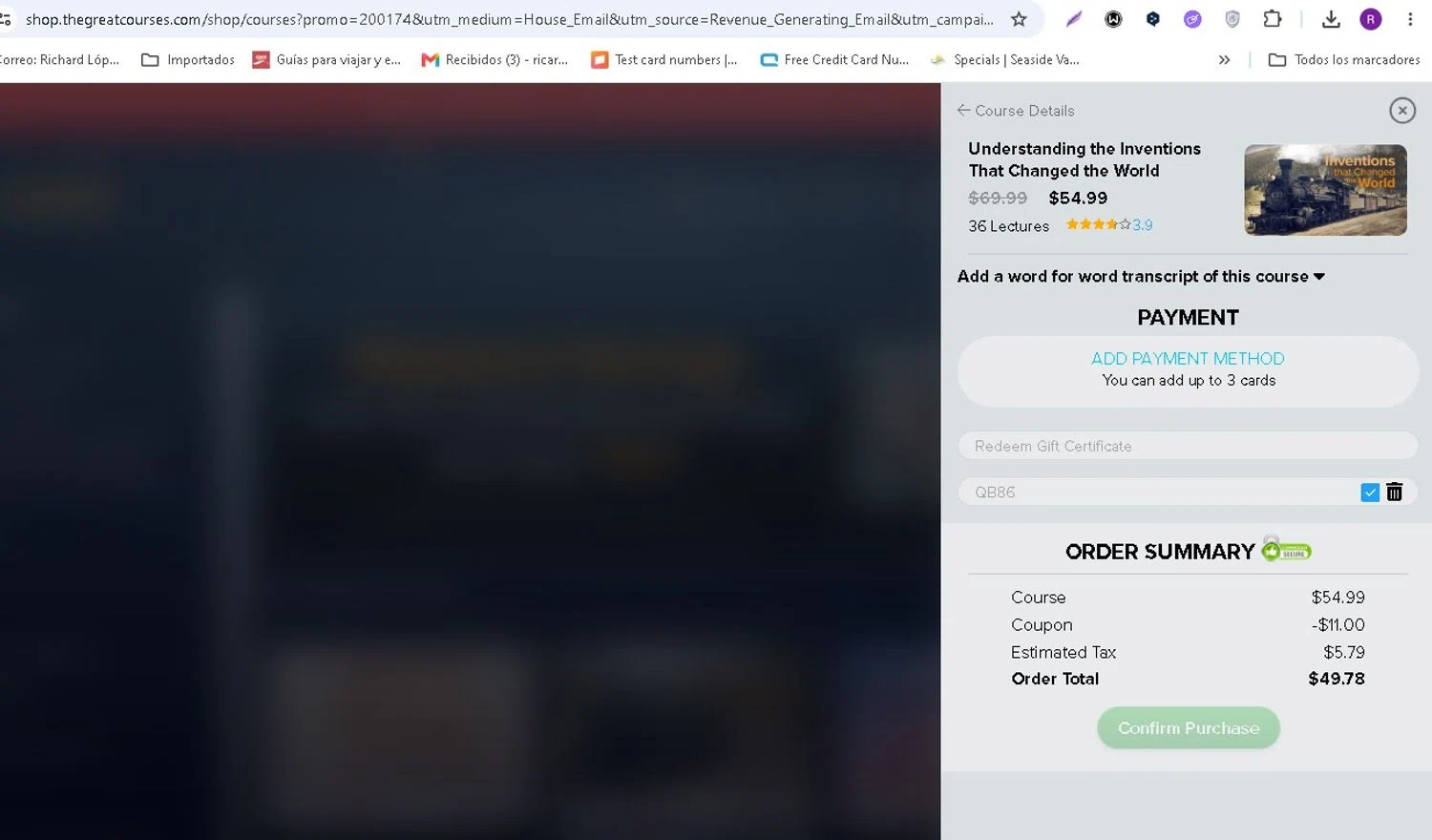 The Great Courses promo code screenshot showing code QB86 applied at The Great Courses checkout page. Uploaded by SimplyCodes community member LAMINEJAMAL on Jun 6, 2026