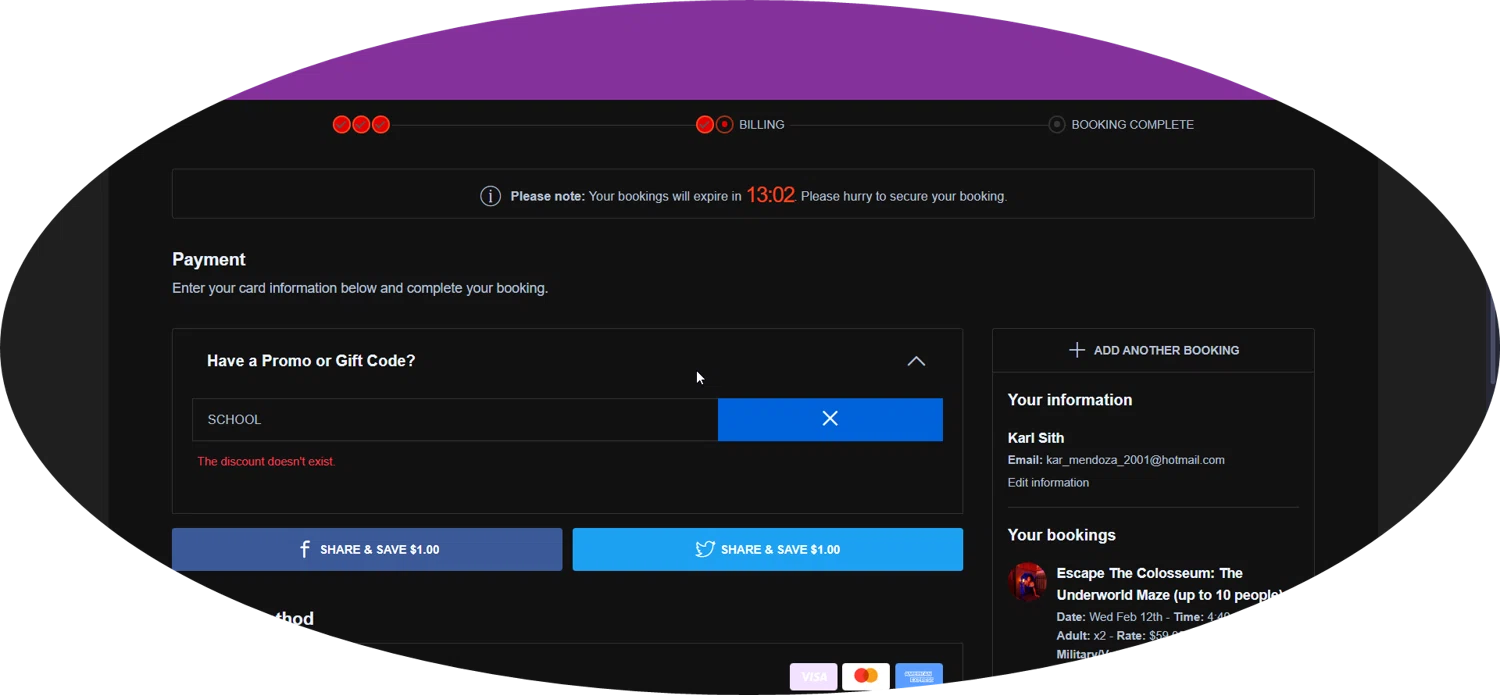 The Great Escape Room promo code screenshot showing code SCHOOL applied at The Great Escape Room checkout page. Uploaded by SimplyCodes community member KarlLM on Feb 12, 2025