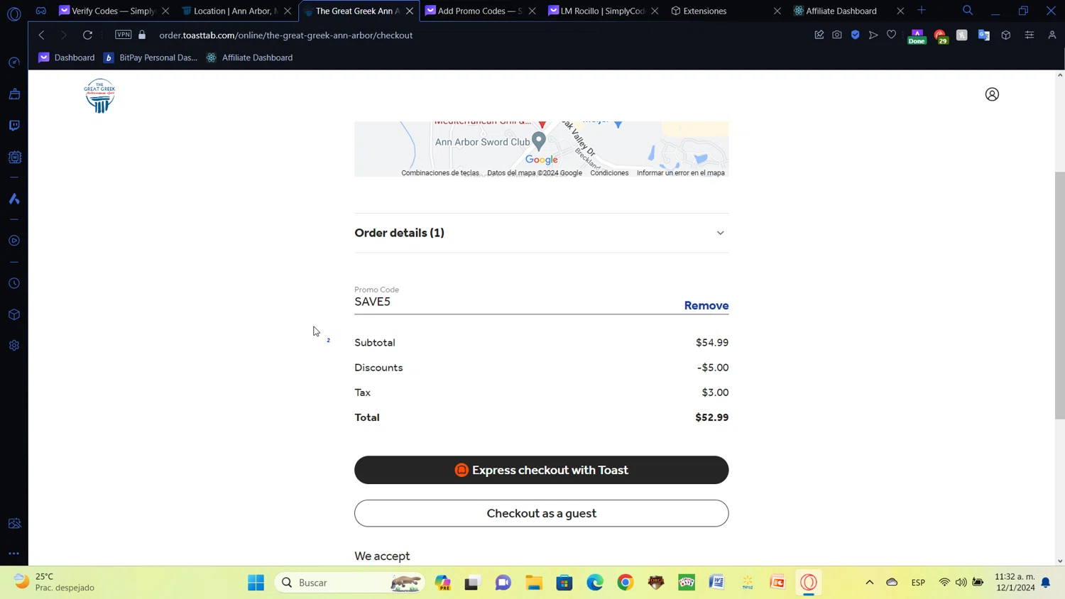 The Great Greek Mediterranean Grill checkout page showing The Great Greek Mediterranean Grill promo code box | Screenshot taken by SimplyCodes community member on Jan 12, 2024