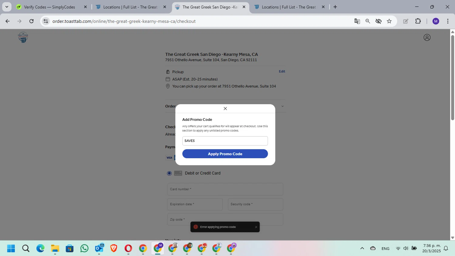 The Great Greek Mediterranean Grill promo code screenshot showing code SAVE5 applied at The Great Greek Mediterranean Grill checkout page. Uploaded by SimplyCodes community member MarielisPb on Mar 20, 2025