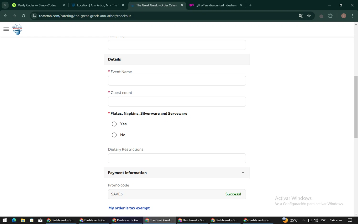 The Great Greek Mediterranean Grill checkout page showing The Great Greek Mediterranean Grill promo code box | Screenshot taken by SimplyCodes community member on Dec 30, 2024