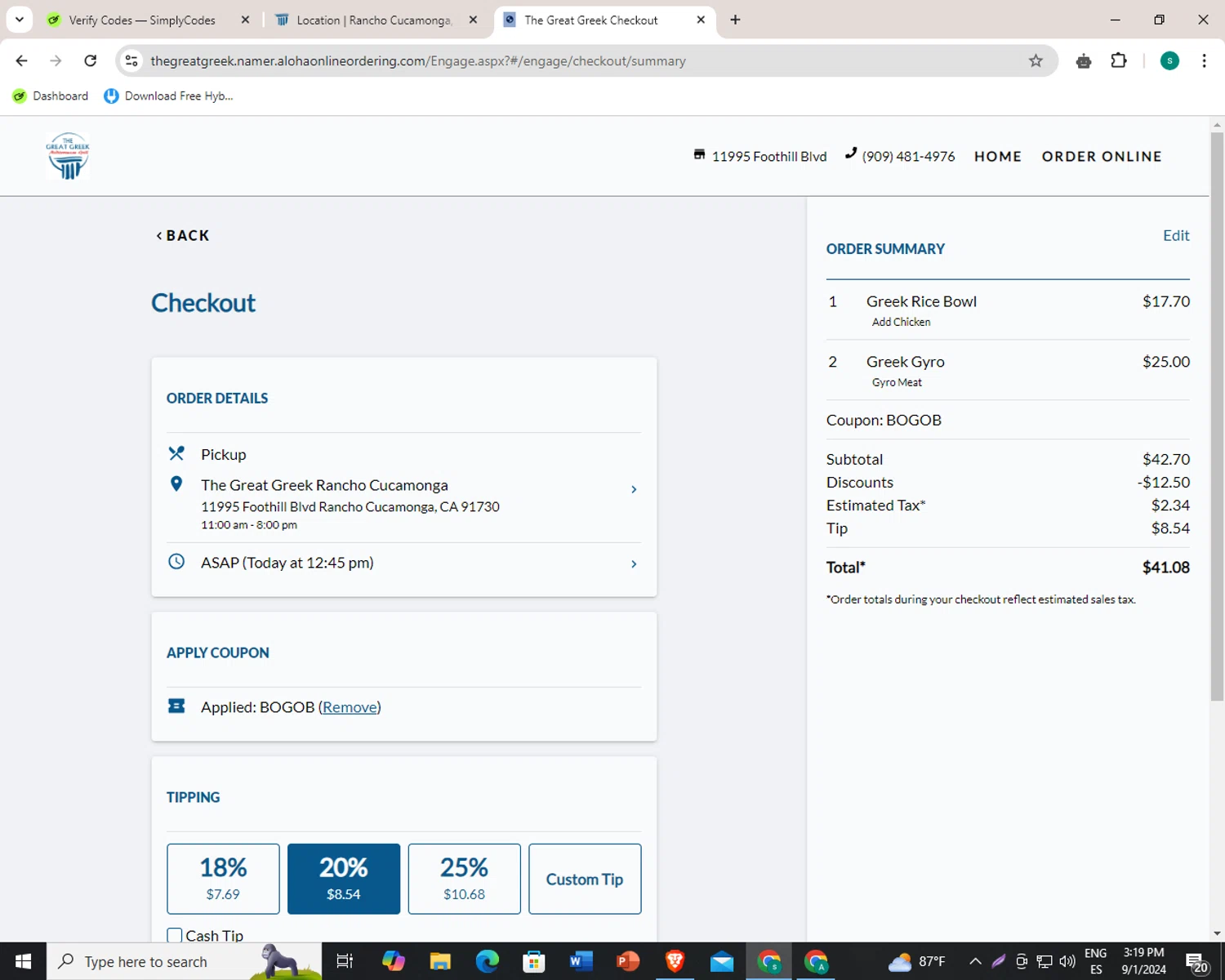 The Great Greek Mediterranean Grill checkout page showing The Great Greek Mediterranean Grill promo code box | Screenshot taken by SimplyCodes community member on Sep 1, 2024