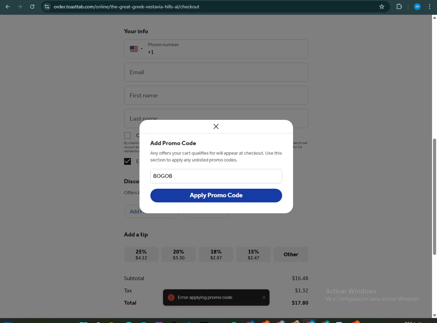 The Great Greek Mediterranean Grill promo code screenshot showing code BOGOB applied at The Great Greek Mediterranean Grill checkout page. Uploaded by SimplyCodes community member LuckyWarden9122 on Mar 22, 2025
