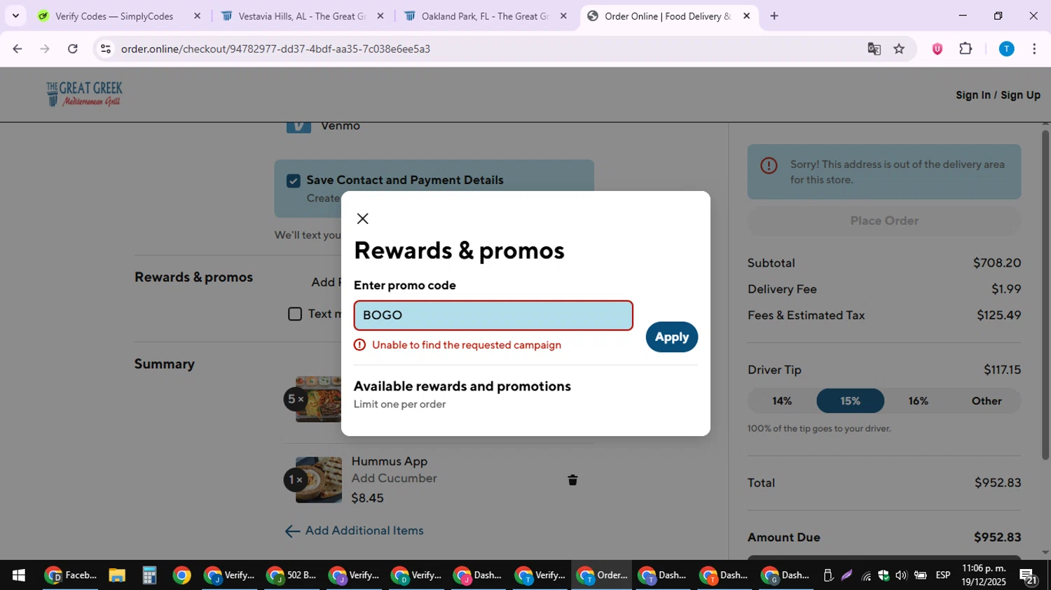 The Great Greek Mediterranean Grill promo code screenshot showing code BOGO applied at The Great Greek Mediterranean Grill checkout page. Uploaded by SimplyCodes community member LuckyPioneer4530 on Dec 20, 2025
