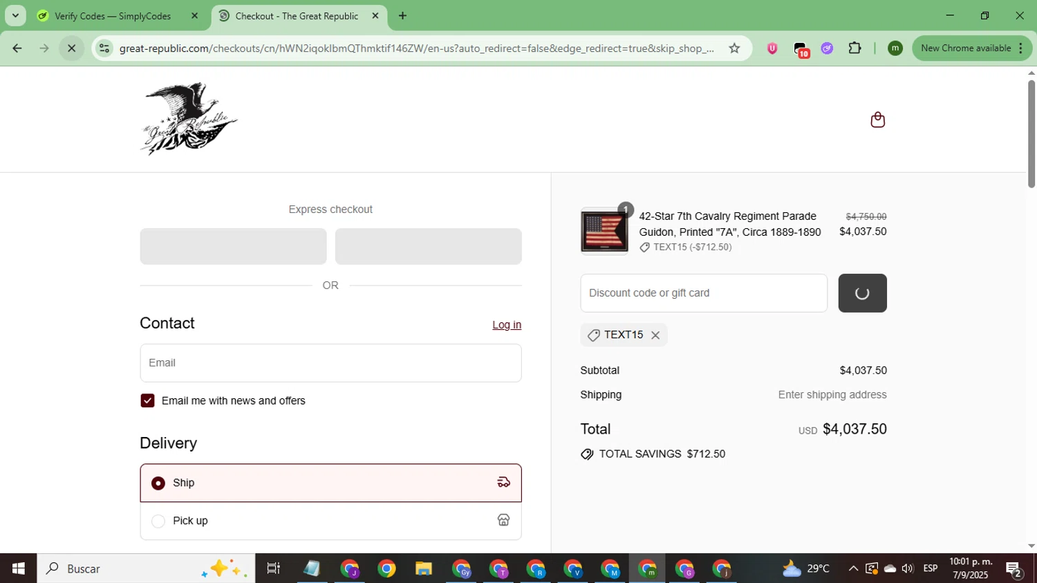 The Great Republic promo code screenshot showing code TEXT15 applied at The Great Republic checkout page. Uploaded by SimplyCodes community member CoinSage7057 on Sep 8, 2025