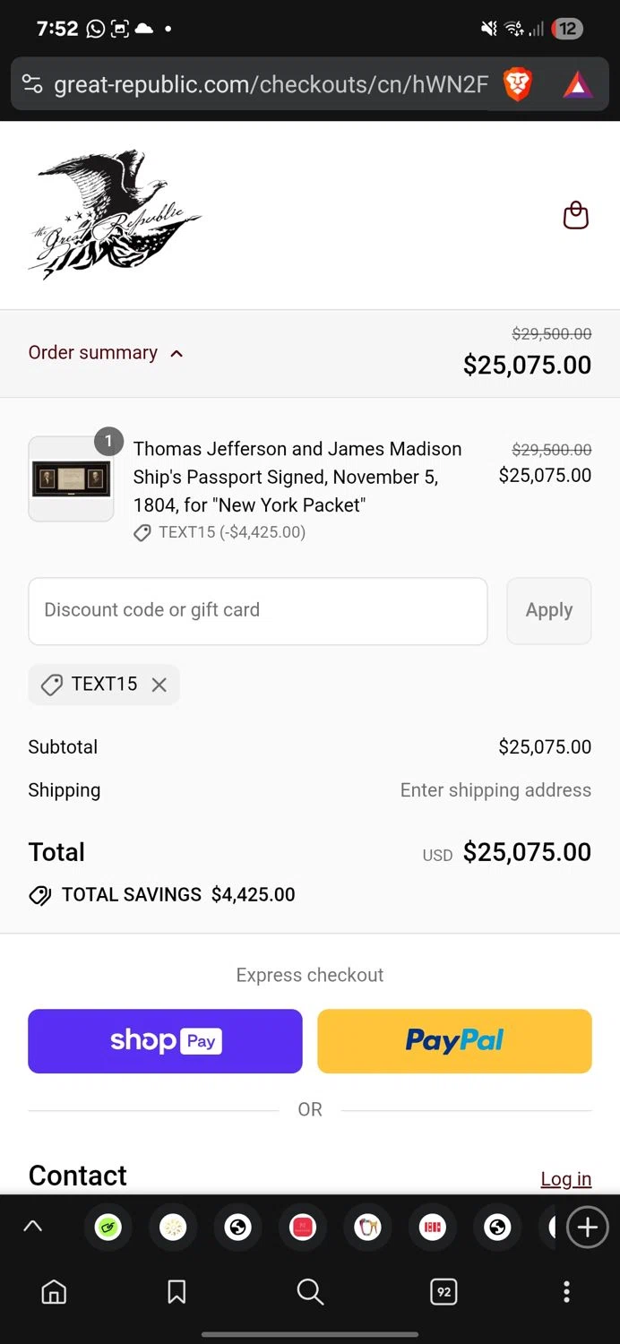 The Great Republic promo code screenshot showing code TEXT15 applied at The Great Republic checkout page. Uploaded by SimplyCodes community member conorgrey on Aug 26, 2025