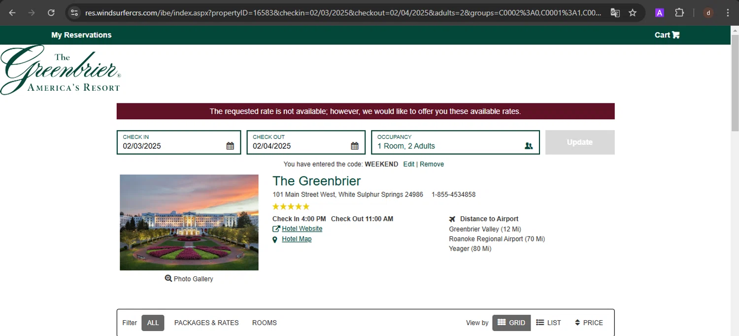 The Greenbrier promo code screenshot showing code WEEKEND applied at The Greenbrier checkout page. Uploaded by SimplyCodes community member VoucherSpotter9376 on Feb 3, 2025