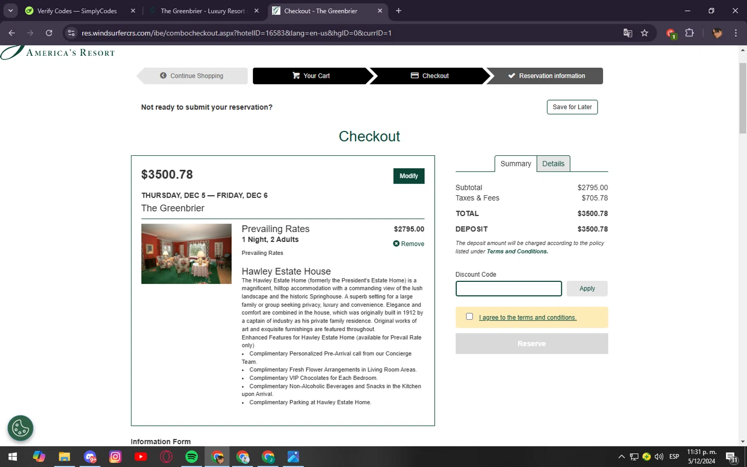 The Greenbrier checkout page showing The Greenbrier promo code box | Screenshot taken by SimplyCodes community member on Dec 6, 2024