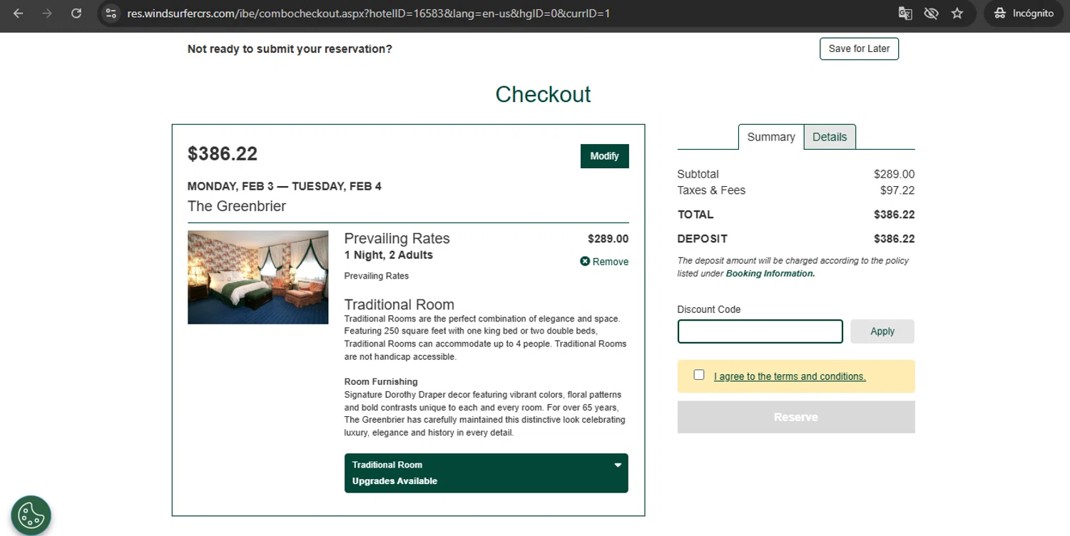 The Greenbrier promo code screenshot showing code WEEKEND applied at The Greenbrier checkout page. Uploaded by SimplyCodes community member UchihaMadara on Feb 3, 2025