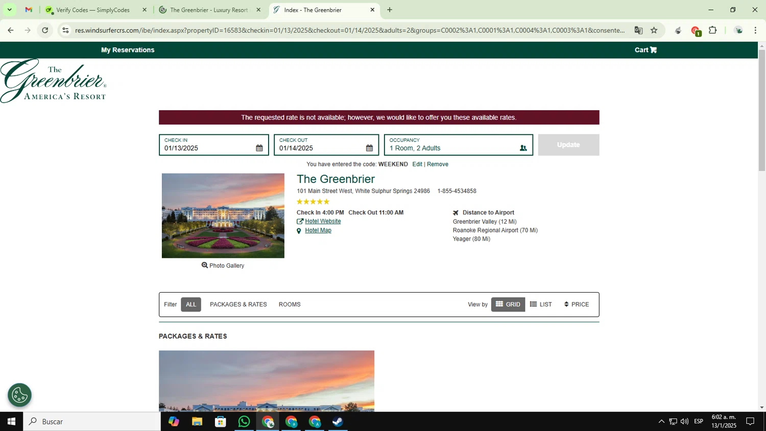 The Greenbrier checkout page showing The Greenbrier promo code box | Screenshot taken by SimplyCodes community member on Jan 13, 2025