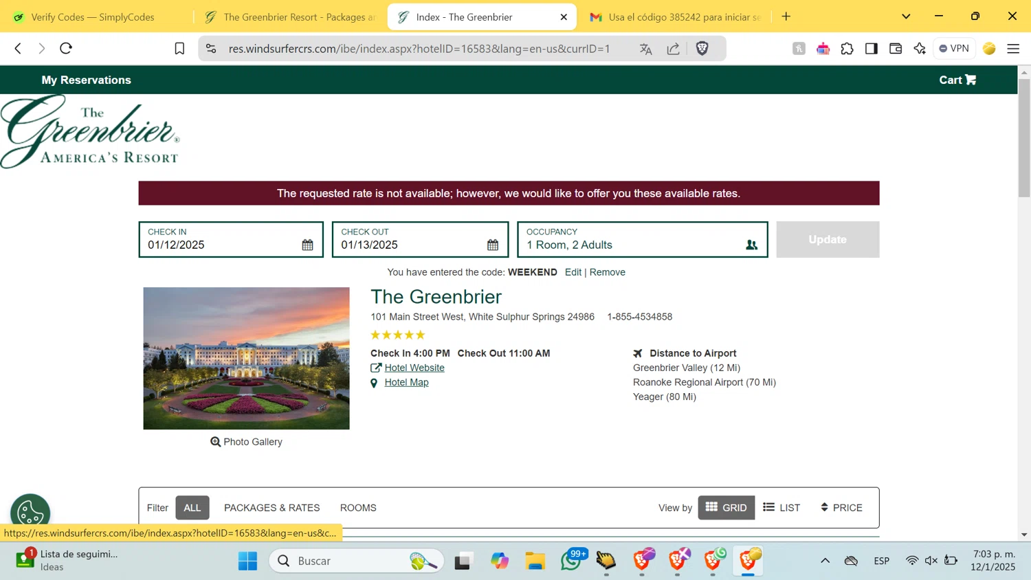 The Greenbrier checkout page showing The Greenbrier promo code box | Screenshot taken by SimplyCodes community member on Jan 12, 2025