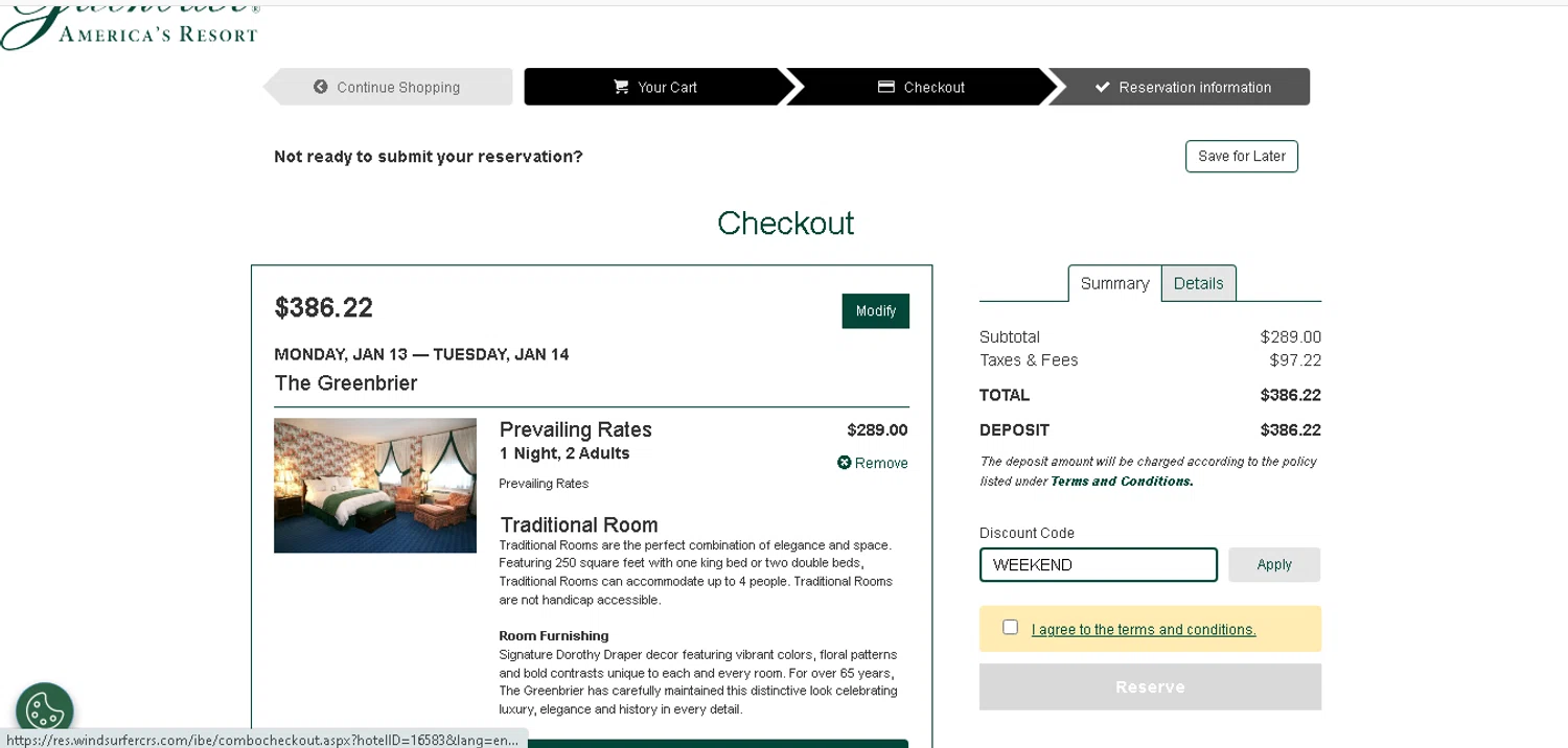The Greenbrier checkout page showing The Greenbrier promo code box | Screenshot taken by SimplyCodes community member on Jan 13, 2025