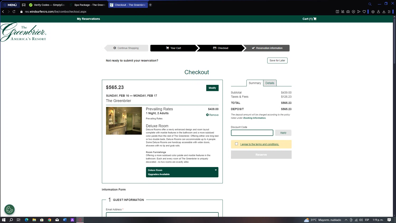 The Greenbrier promo code screenshot showing code GET20 applied at The Greenbrier checkout page. Uploaded by SimplyCodes community member BATMANJA on Feb 16, 2025