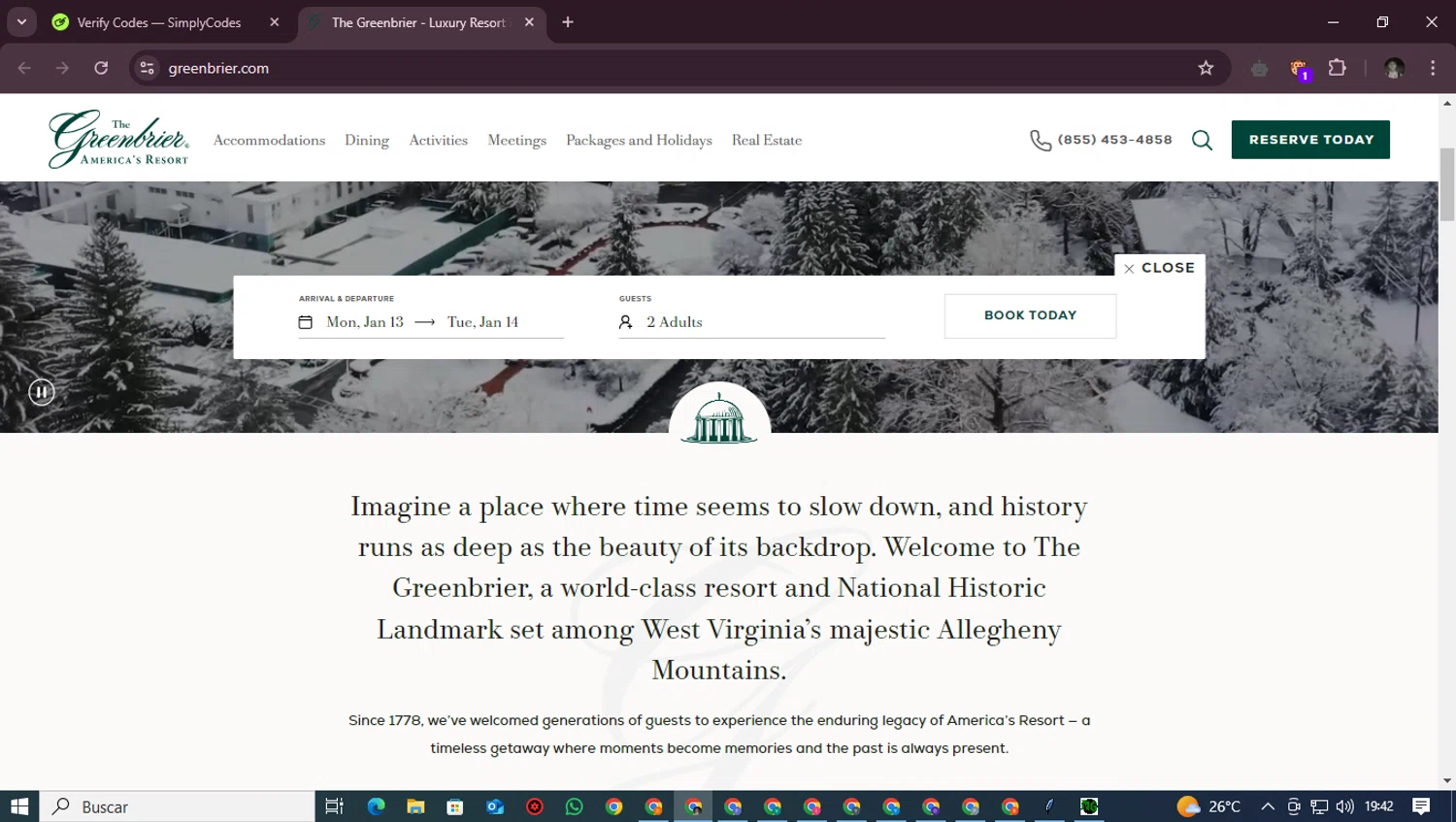 The Greenbrier promo code screenshot showing code GET20 applied at The Greenbrier checkout page. Uploaded by SimplyCodes community member Starfive on Jan 13, 2025