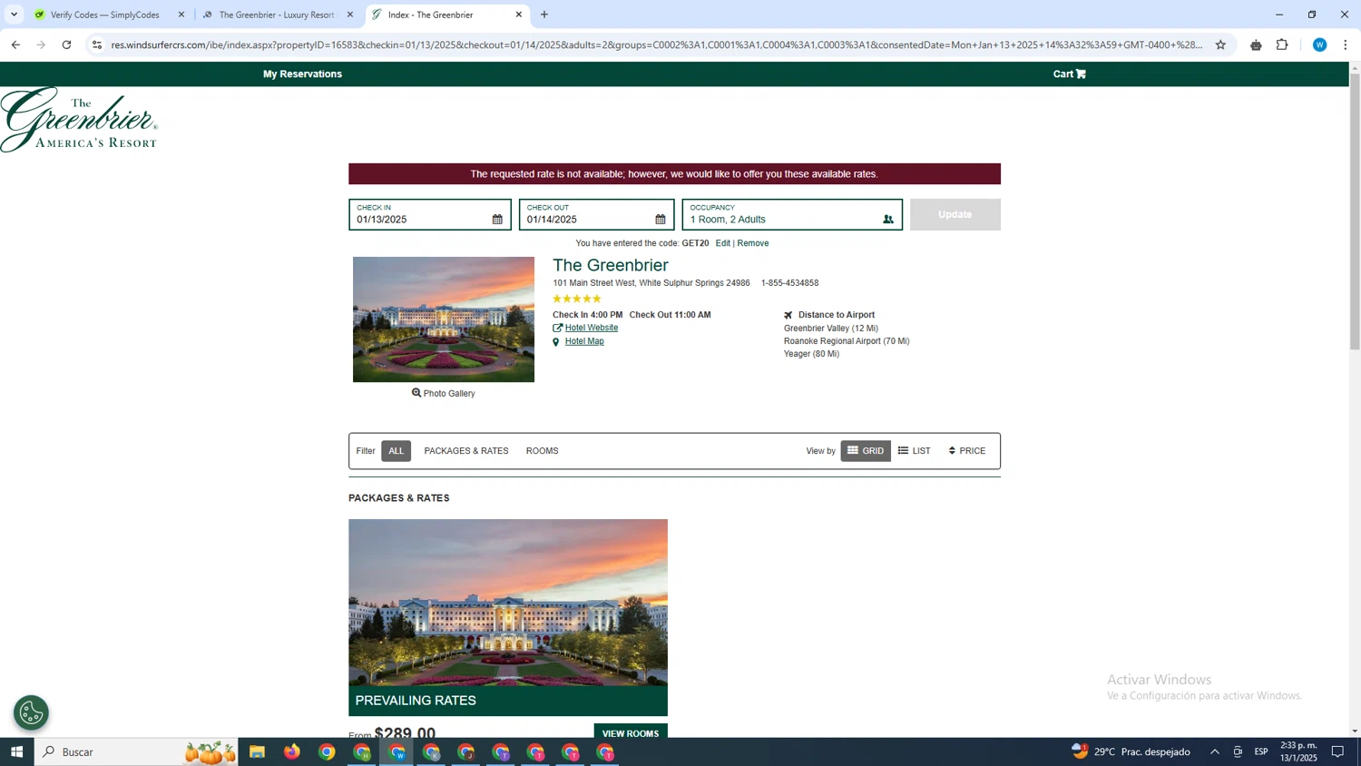 The Greenbrier checkout page showing The Greenbrier promo code box | Screenshot taken by SimplyCodes community member on Jan 13, 2025