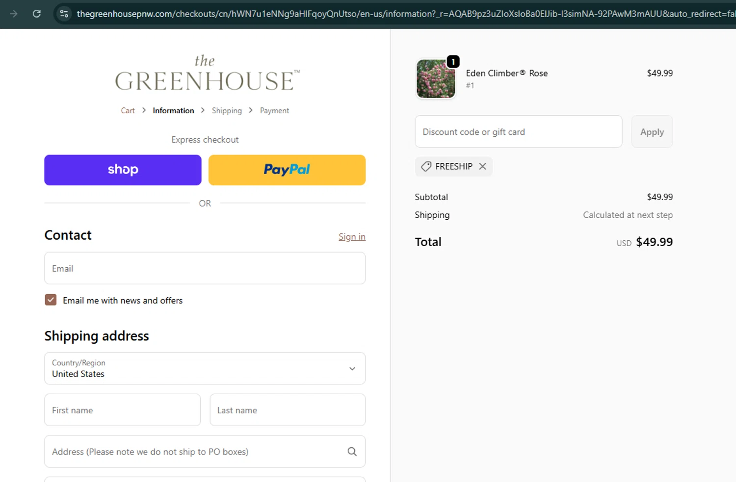 The Greenhouse promo code screenshot showing code FREESHIP applied at The Greenhouse checkout page. Uploaded by SimplyCodes community member CleverNavigator9655 on Jan 22, 2026