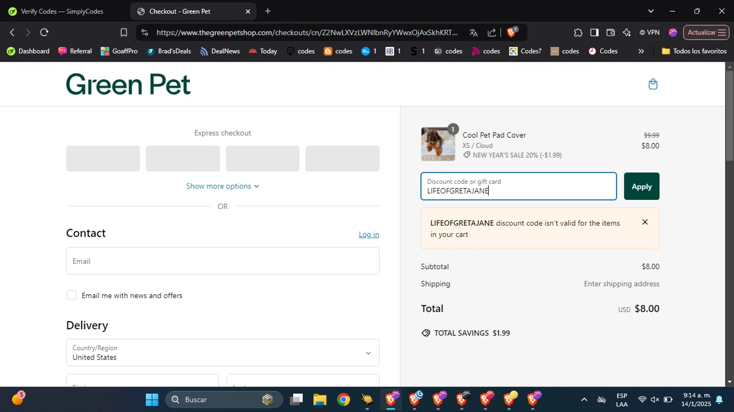 The Green Pet Shop discount code screenshot showing code LIFEOFGRETAJANE applied at The Green Pet Shop checkout page. Uploaded by SimplyCodes community member BabaYaga on Jan 14, 2025