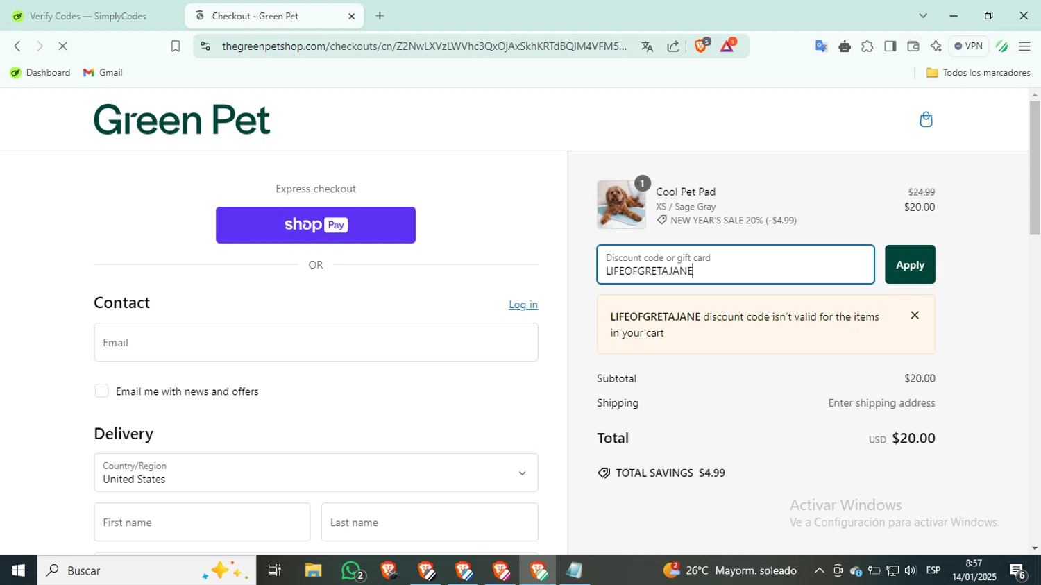 The Green Pet Shop discount code screenshot showing code LIFEOFGRETAJANE applied at The Green Pet Shop checkout page. Uploaded by SimplyCodes community member SilverKnight3628 on Jan 14, 2025
