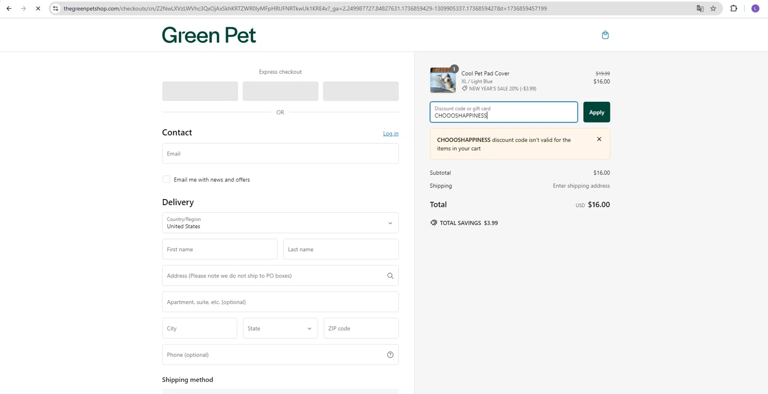 The Green Pet Shop discount code screenshot showing code CHOOOSHAPPINESS applied at The Green Pet Shop checkout page. Uploaded by SimplyCodes community member NobleKnight286 on Jan 14, 2025