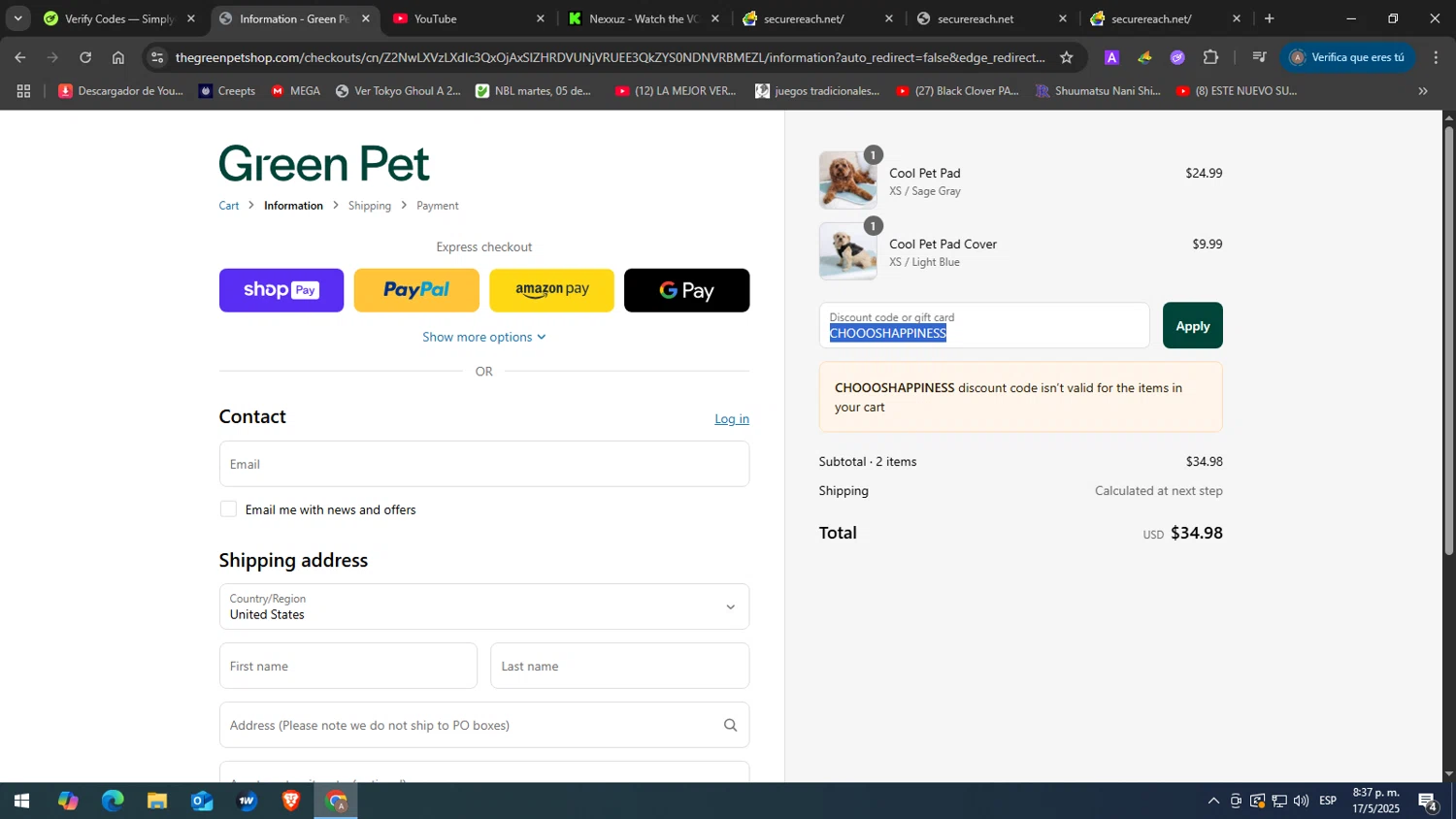 The Green Pet Shop discount code screenshot showing code CHOOOSHAPPINESS applied at The Green Pet Shop checkout page. Uploaded by SimplyCodes community member yasabesssss on May 18, 2025
