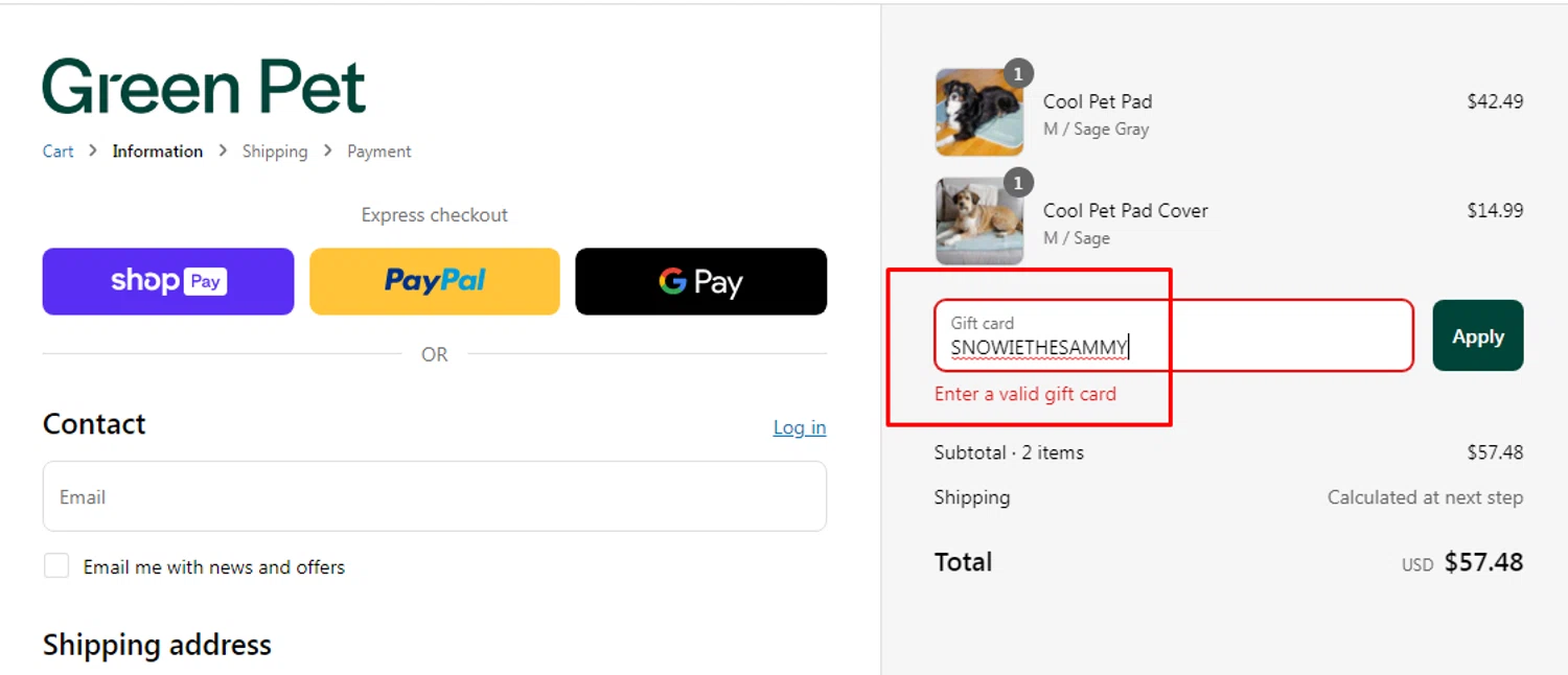 The Green Pet Shop discount code screenshot showing code SNOWIETHESAMMY applied at The Green Pet Shop checkout page. Uploaded by SimplyCodes community member AlejandraSarmiento on May 25, 2025