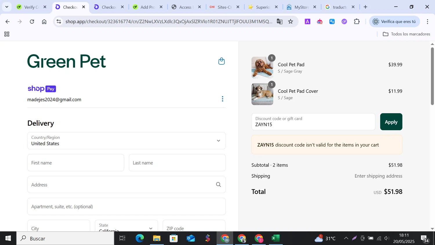 The Green Pet Shop discount code screenshot showing code ZAYN15 applied at The Green Pet Shop checkout page. Uploaded by SimplyCodes community member MANUELURBINA on May 20, 2025
