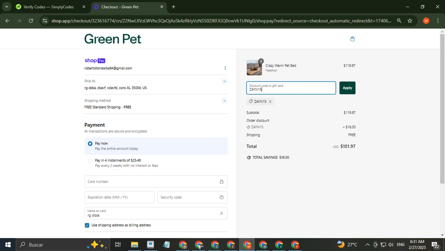 The Green Pet Shop discount code screenshot showing code ZAYN15 applied at The Green Pet Shop checkout page. Uploaded by SimplyCodes community member BrilliantTiger6187 on Feb 27, 2025