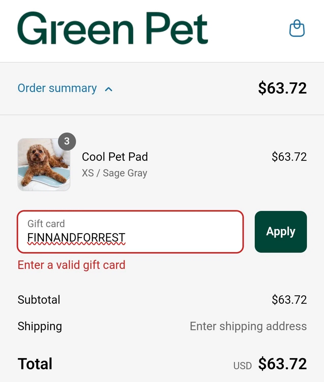 The Green Pet Shop discount code screenshot showing code FINNANDFORREST applied at The Green Pet Shop checkout page. Uploaded by SimplyCodes community member ArgyArgy on May 25, 2025