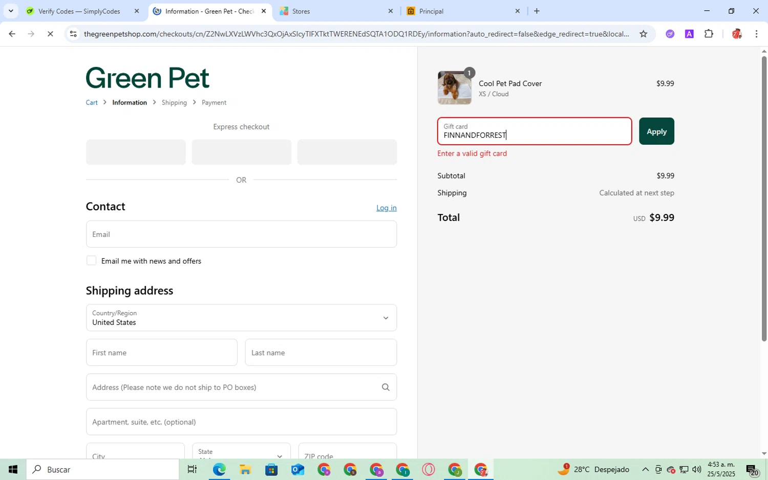 The Green Pet Shop discount code screenshot showing code FINNANDFORREST applied at The Green Pet Shop checkout page. Uploaded by SimplyCodes community member BudgetBoss510 on May 25, 2025
