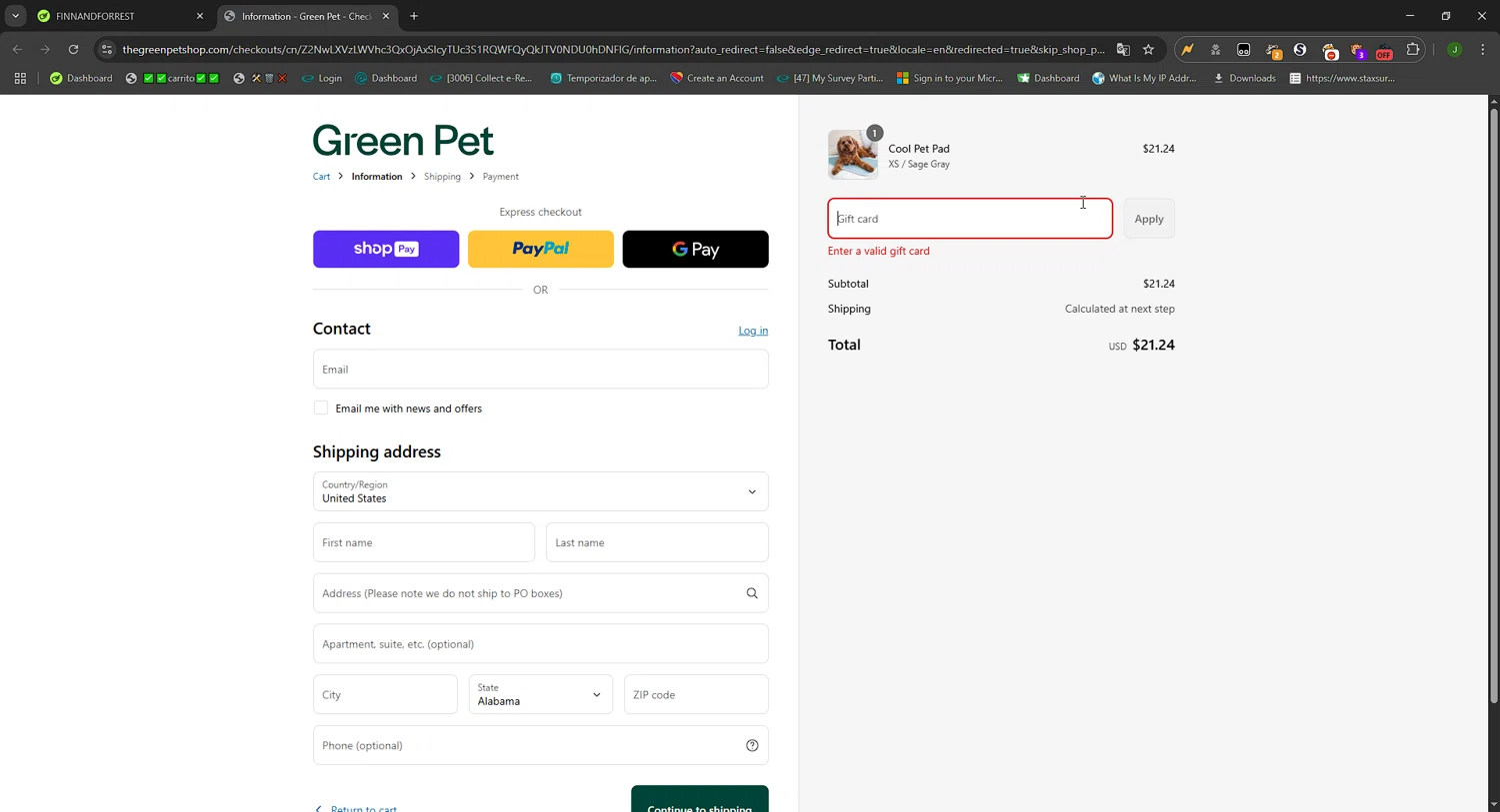The Green Pet Shop discount code screenshot showing code FINNANDFORREST applied at The Green Pet Shop checkout page. Uploaded by SimplyCodes community member FortunateWizard717 on May 25, 2025