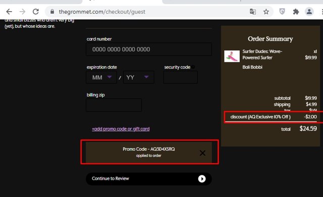 The Grommet checkout page showing The Grommet promo code box | Screenshot taken by SimplyCodes community member on Aug 9, 2021