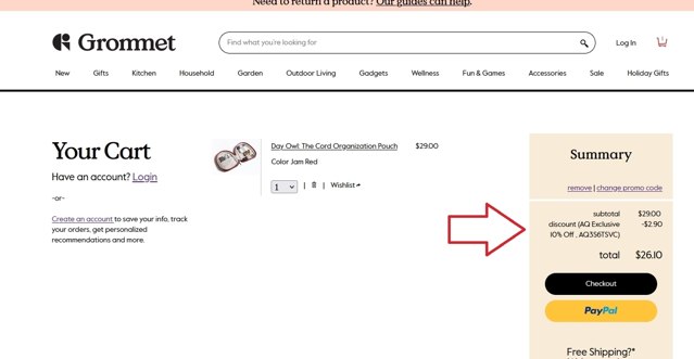 The Grommet checkout page showing The Grommet promo code box | Screenshot taken by SimplyCodes community member on Feb 3, 2022