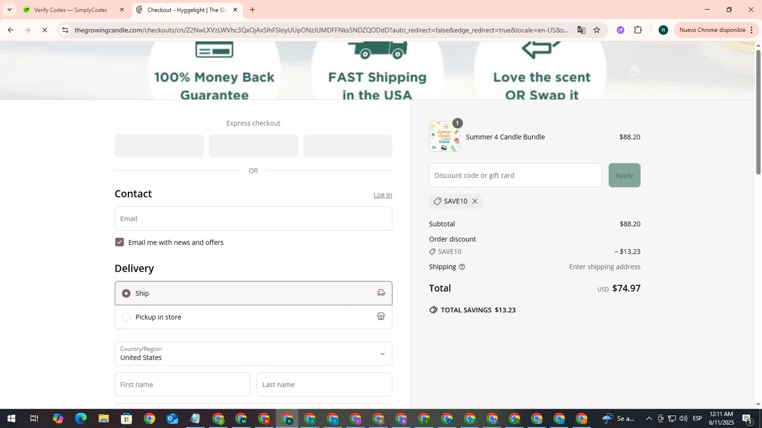 The Growing Candle discount code screenshot showing code SAVE10 applied at The Growing Candle checkout page. Uploaded by SimplyCodes community member ScanPioneer7706 on Jun 11, 2025