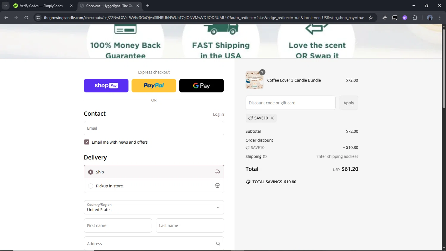 The Growing Candle discount code screenshot showing code SAVE10 applied at The Growing Candle checkout page. Uploaded by SimplyCodes community member Time_sin_filtro on Jun 25, 2025